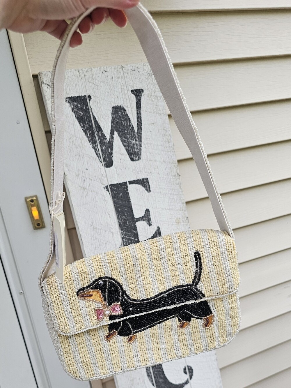 Beaded Dachshund Crossbody Bag - Cream and Black
